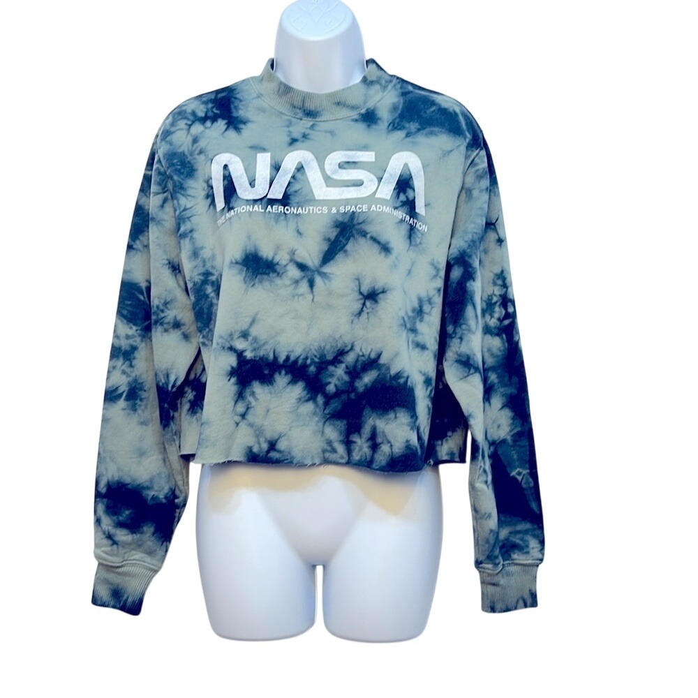 Mighty Fine NASA Tie Dye Cropped Sweatshirt Blue Grey Womens Size Medium